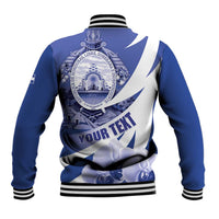 Blue varsity jacket back with crest, white diagonal streaks, and orchid flower detail