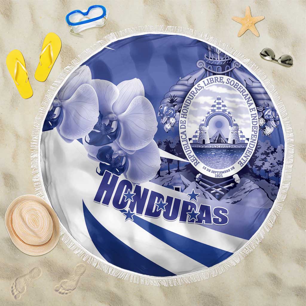 Navy blue round beach blanket with fringed edge, Honduras emblem and orchid flower print