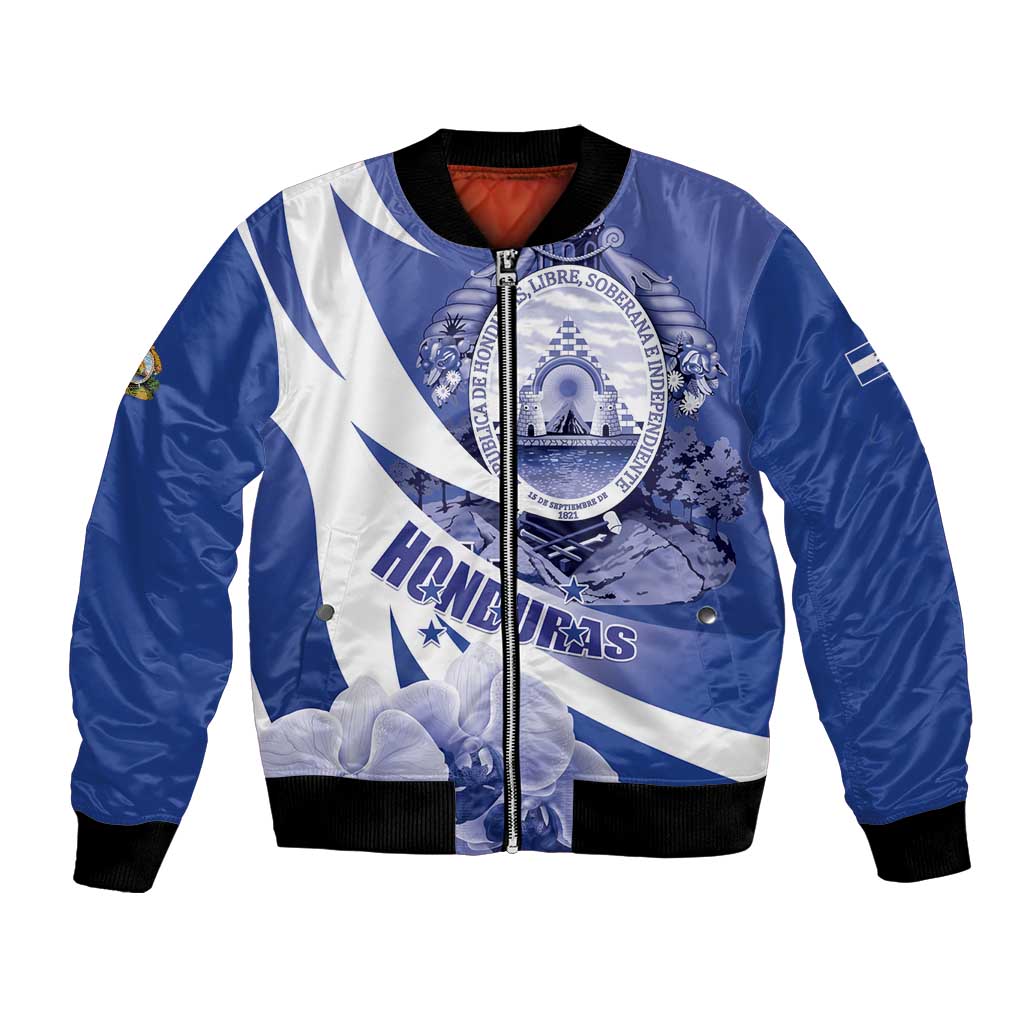 Blue bomber jacket with white lightning stripes, crest graphic, orchid print, black ribbed cuffs