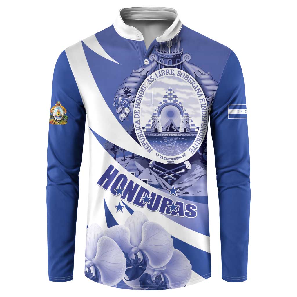Blue button-front sweatshirt with large Honduras crest and orchid flower graphic
