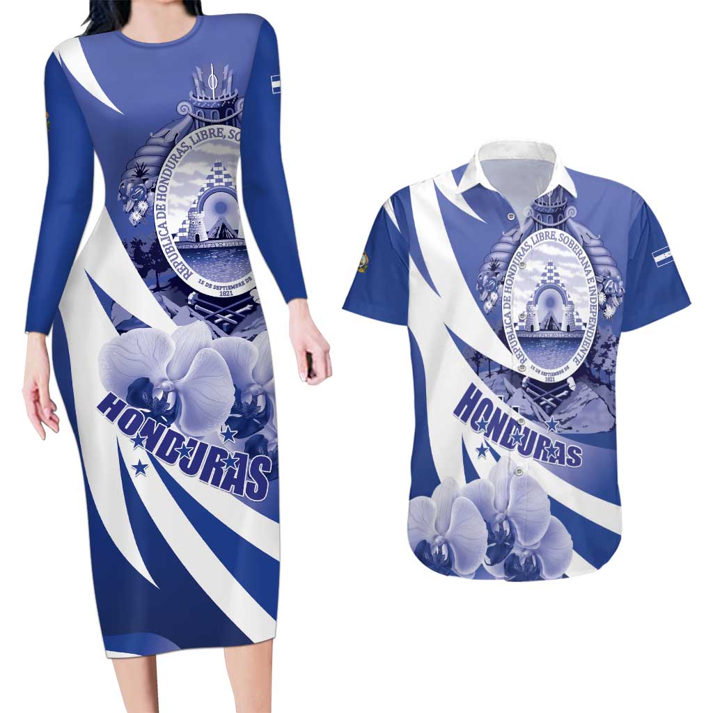 Honduras Couples Matching Long Sleeve Bodycon Dress and Hawaiian Shirt Coat of Arms Orchid Navy Blue - Wonder Print Shop