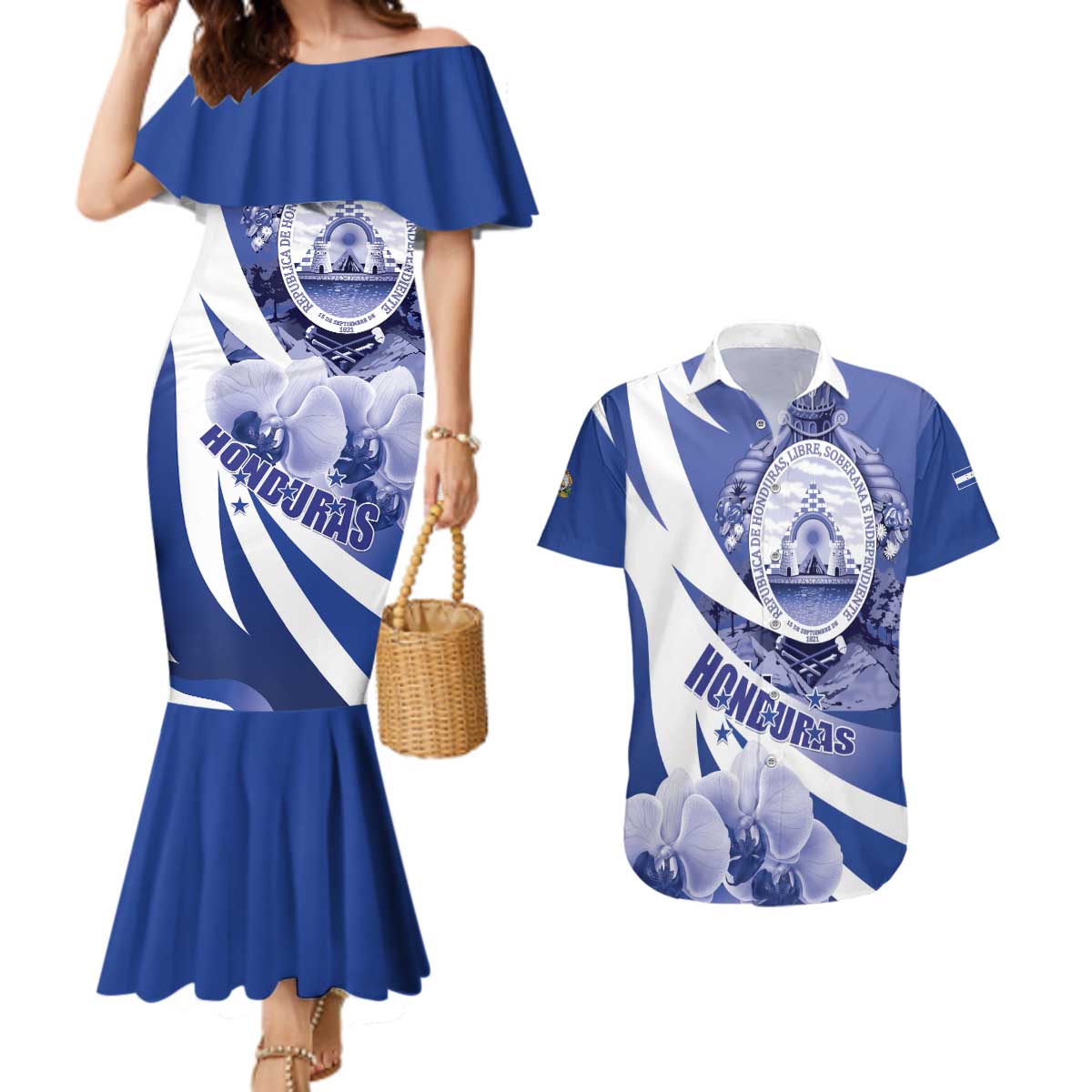 Honduras Couples Matching Mermaid Dress and Hawaiian Shirt Coat of Arms Orchid Navy Blue - Wonder Print Shop