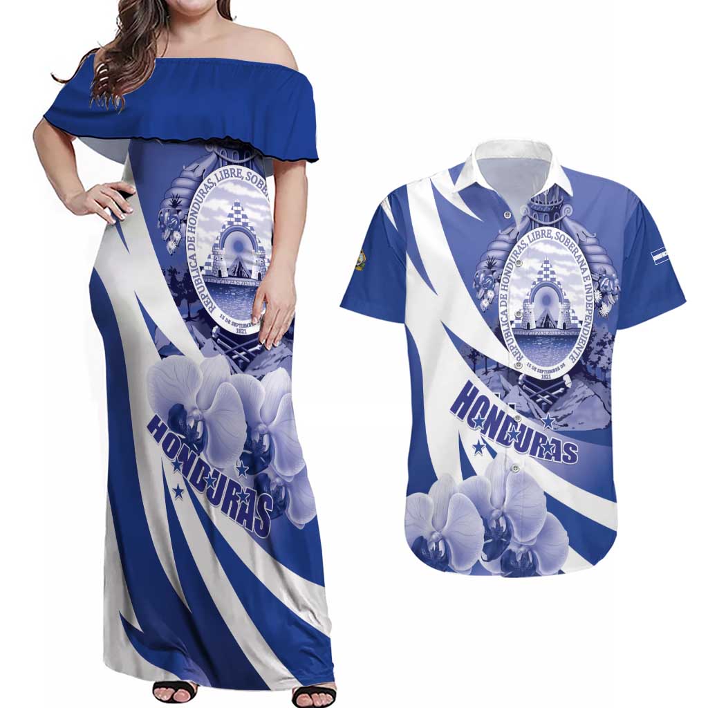 Honduras Couples Matching Off Shoulder Maxi Dress and Hawaiian Shirt Coat of Arms Orchid Navy Blue - Wonder Print Shop