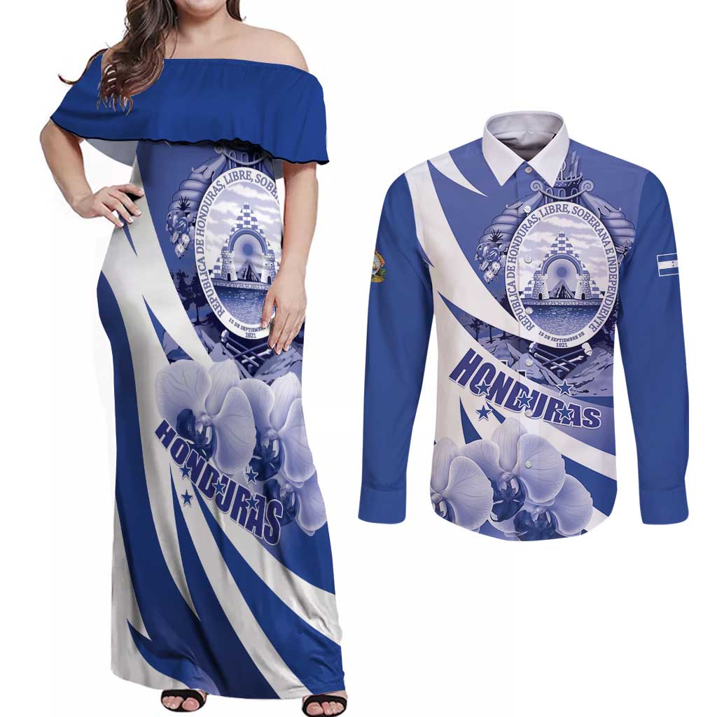 Honduras Couples Matching Off Shoulder Maxi Dress and Long Sleeve Button Shirt Coat of Arms Orchid Navy Blue - Wonder Print Shop