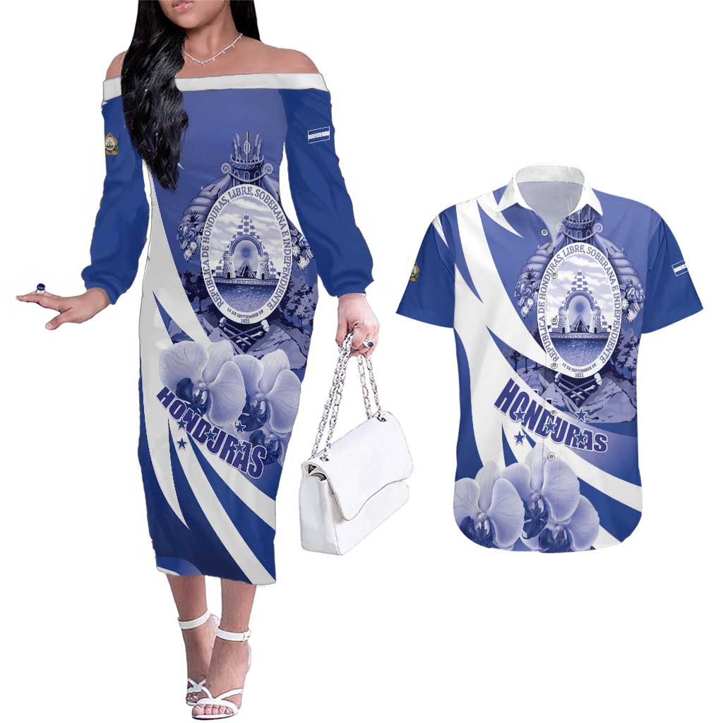 Honduras Couples Matching Off The Shoulder Long Sleeve Dress and Hawaiian Shirt Coat of Arms Orchid Navy Blue - Wonder Print Shop