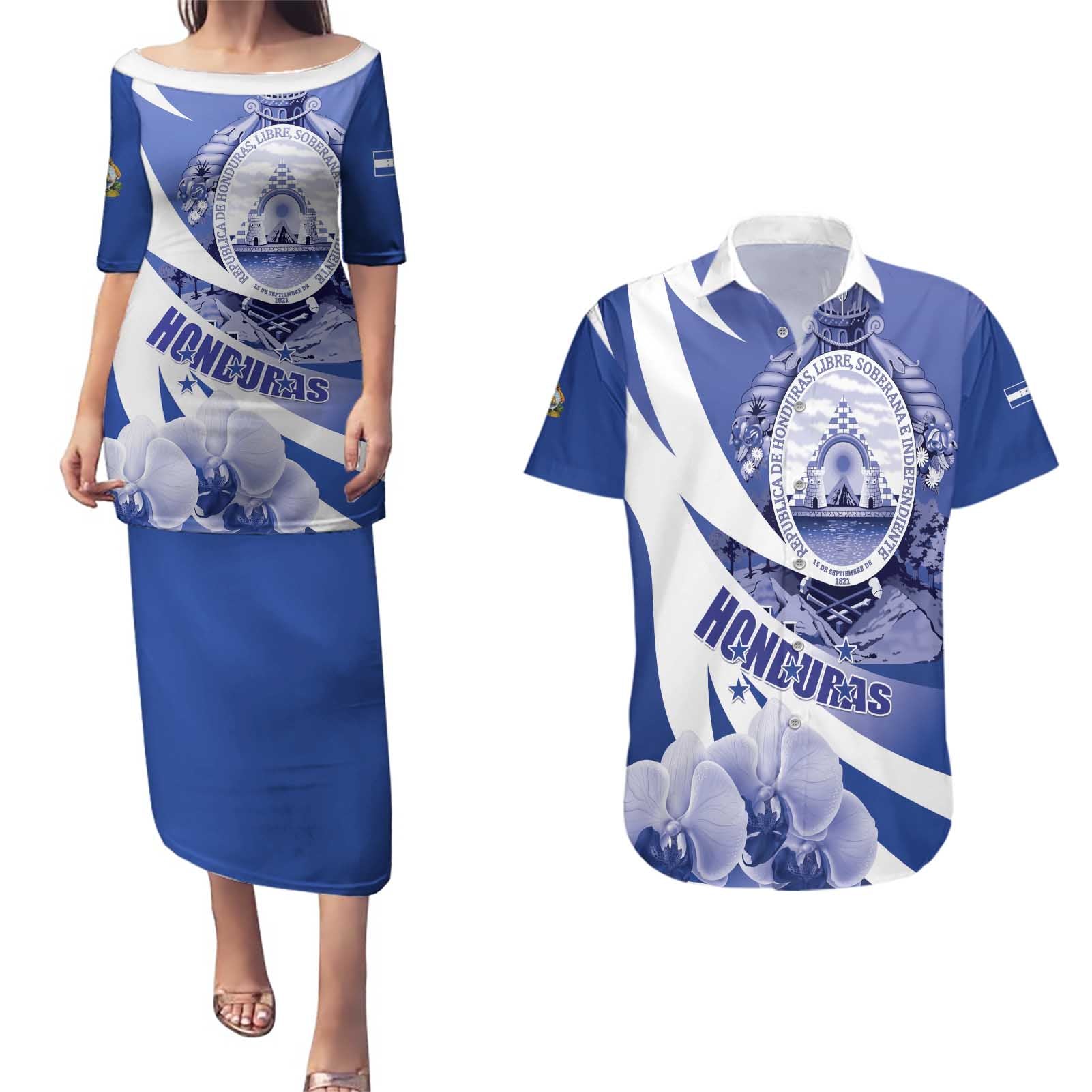 Honduras Couples Matching Puletasi and Hawaiian Shirt Coat of Arms Orchid Navy Blue - Wonder Print Shop