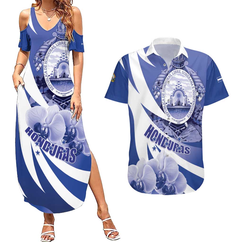 Honduras Couples Matching Summer Maxi Dress and Hawaiian Shirt Coat of Arms Orchid Navy Blue - Wonder Print Shop