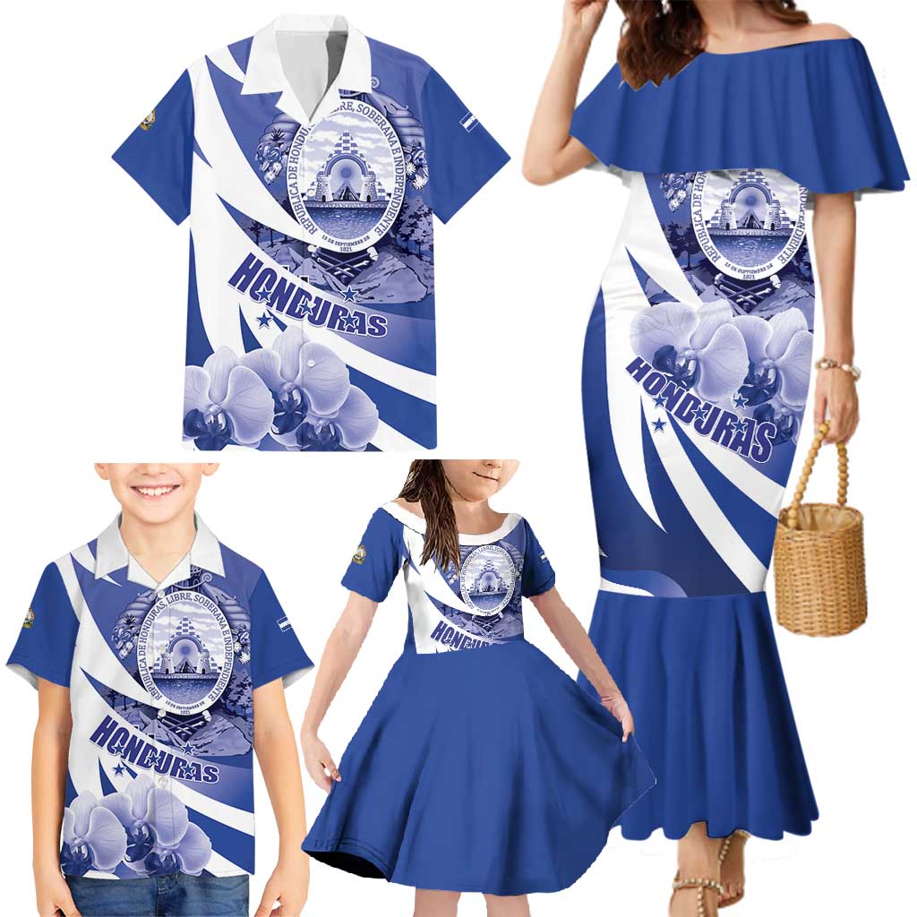 Honduras Family Matching Mermaid Dress and Hawaiian Shirt Coat of Arms Orchid Navy Blue - Wonder Print Shop