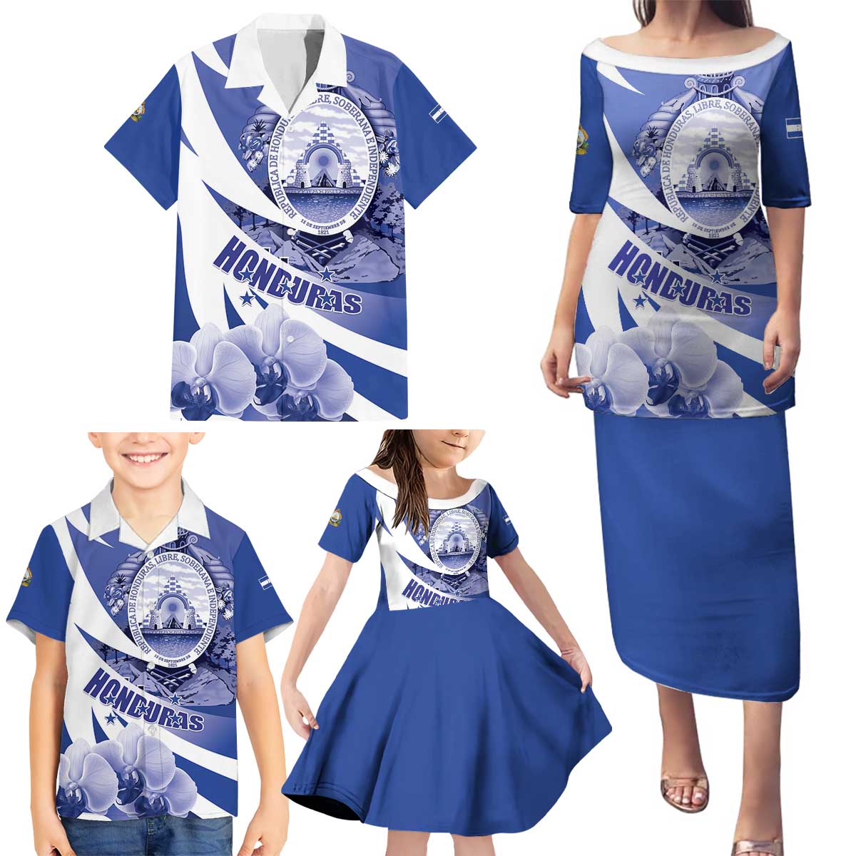 Honduras Family Matching Puletasi and Hawaiian Shirt Coat of Arms Orchid Navy Blue - Wonder Print Shop