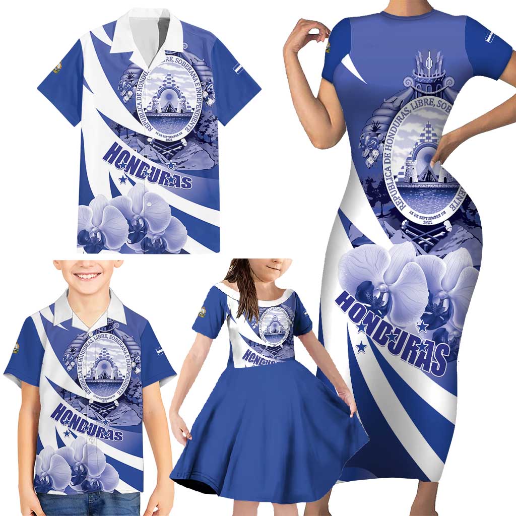 Honduras Family Matching Short Sleeve Bodycon Dress and Hawaiian Shirt Coat of Arms Orchid Navy Blue - Wonder Print Shop