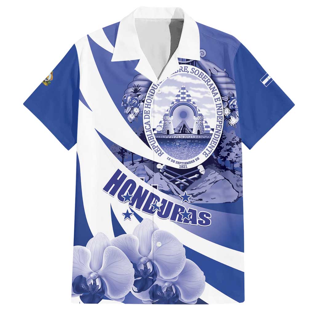 Honduras Hawaiian Shirt Coat of Arms Orchid Navy Blue - Wonder Print Shop