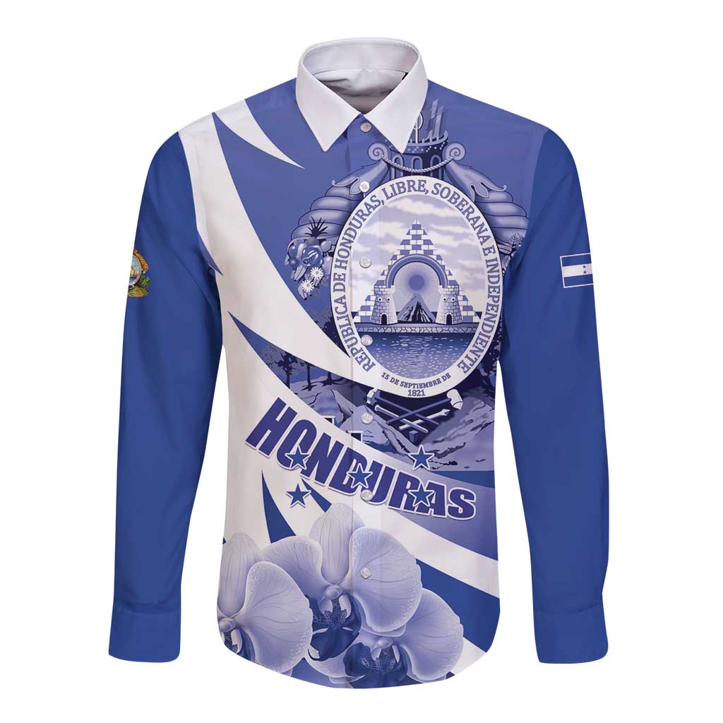 Long sleeve button shirt with blue and white diagonal stripes, orchid graphic front