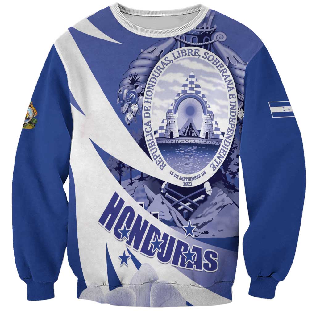 Unisex navy sweatshirt with white diagonal stripes and Honduras coat of arms graphic, front