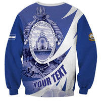 Unisex navy sweatshirt with white diagonal stripes and Honduras coat of arms graphic, back