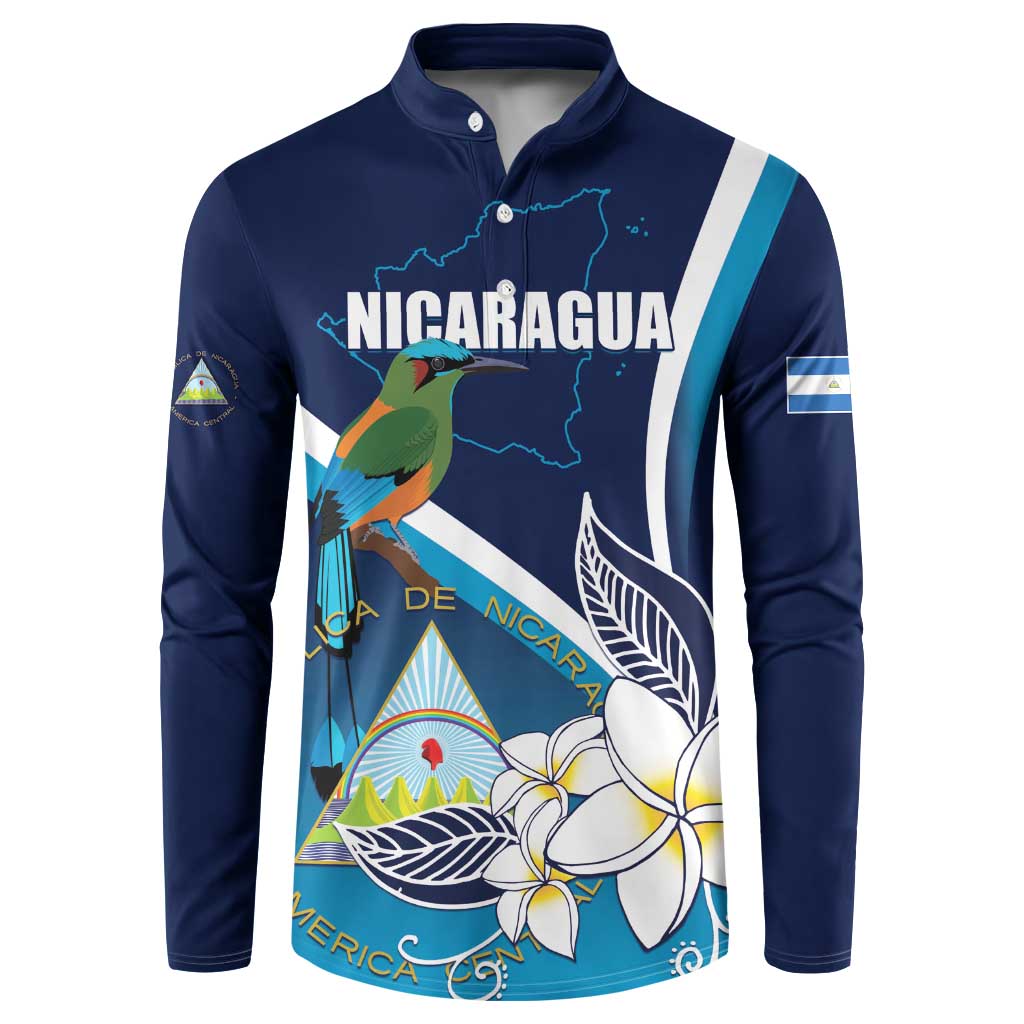 Blue button sweatshirt with Nicaragua graphic, bird, plumeria flowers, and flag stripe