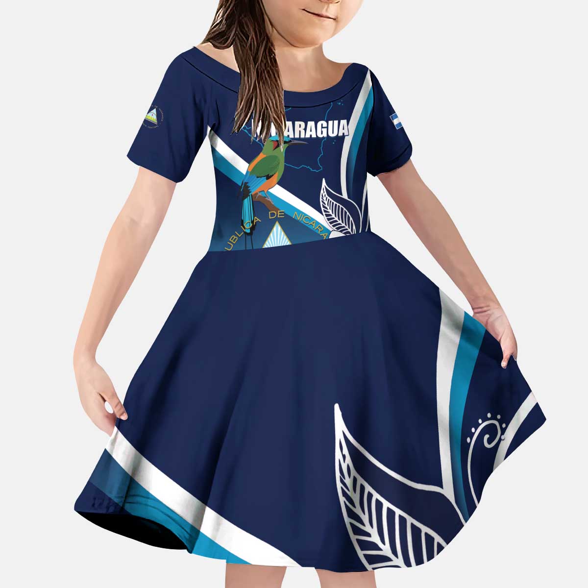 Nicaragua Independence Day Kid Short Sleeve Dress Motmot Plumeria Floral - Wonder Print Shop