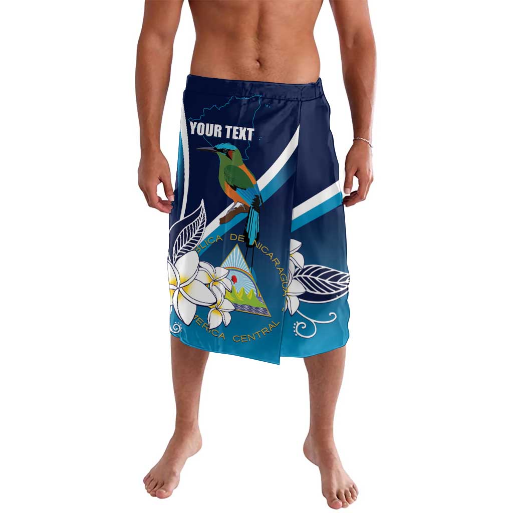 Blue graphic swim shorts with floral leaves and stripe pattern, elastic waistband