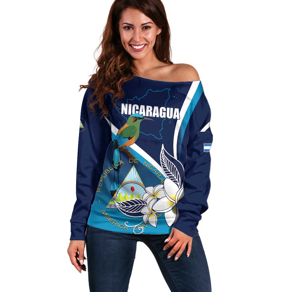 Nicaragua Independence Day Off Shoulder Sweater Motmot Plumeria Floral - Wonder Print Shop