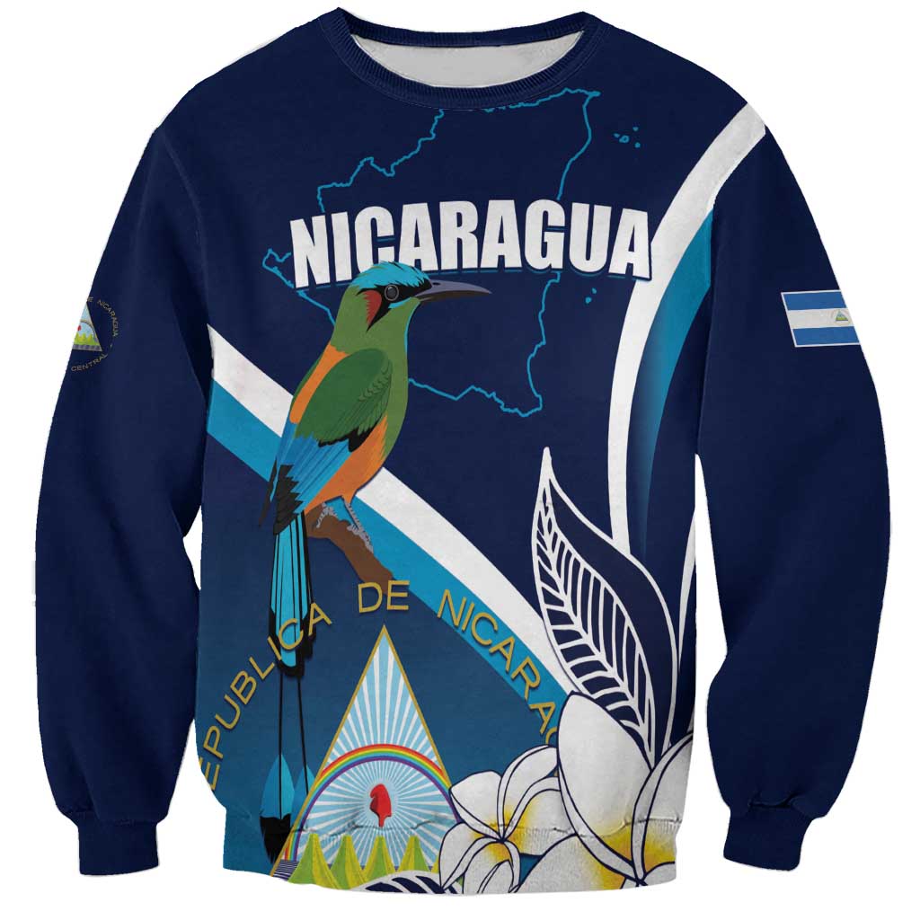 Unisex blue sweatshirt with toucan, Nicaragua map, and floral graphic front print
