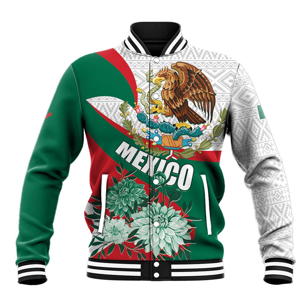 Mexico Independence Day Baseball Jacket Dahlia Flower Aztec Pattern