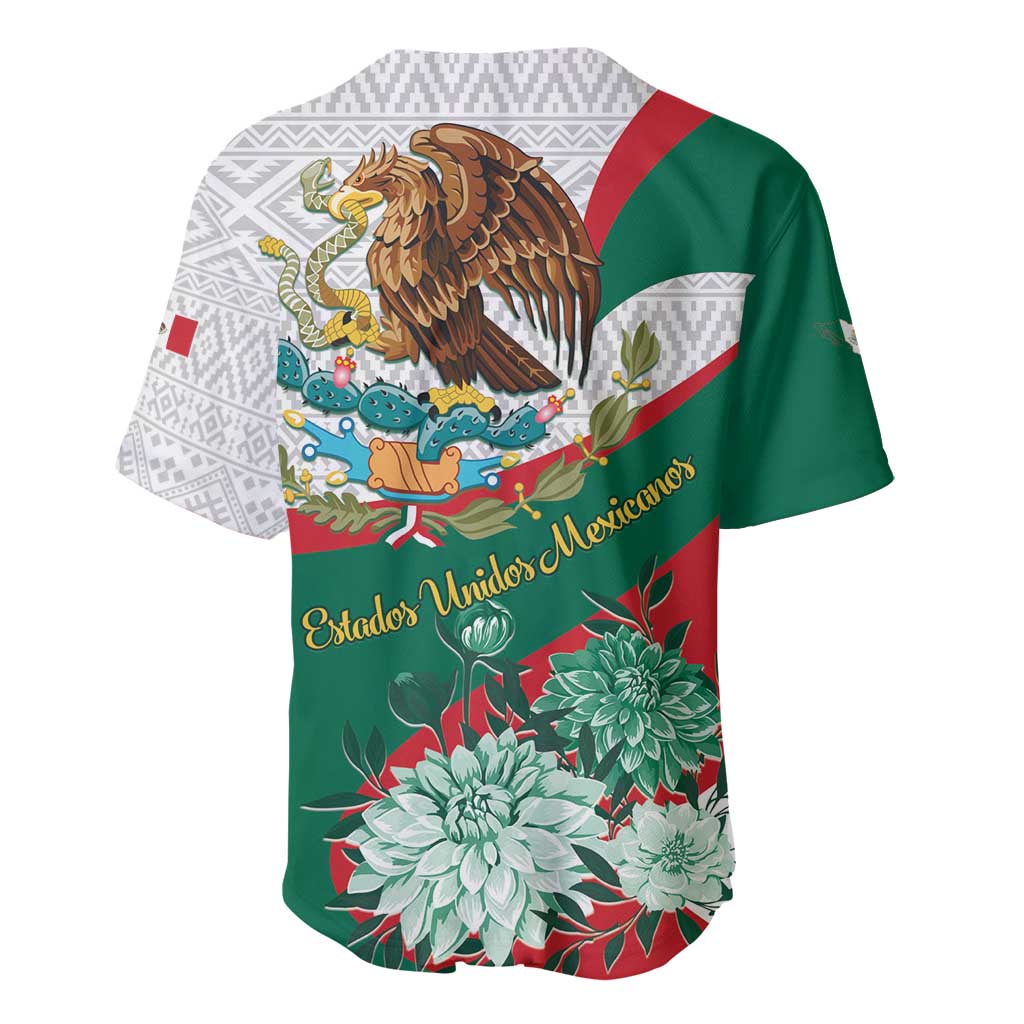Green baseball jersey with white Aztec pattern back, eagle crest, and floral accents