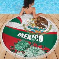 Fringed round beach blanket featuring Mexico text, eagle, and cactus floral artwork