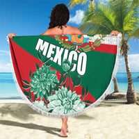 Round beach blanket with fringed border, Mexico flag design with eagle and flowers