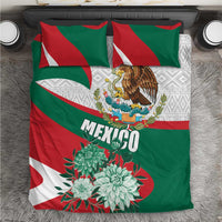 Mexico bedding set shown from above: green-red-white duvet with eagle emblem, MEXICO text, and floral artwork