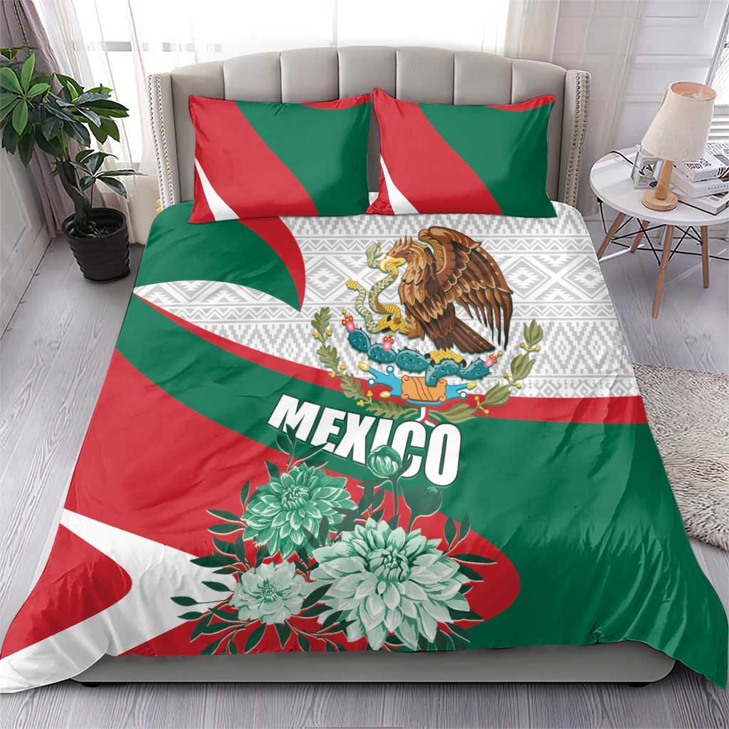 Mexico bedding set with green, red, and white cover featuring eagle crest, MEXICO lettering, and flower designs