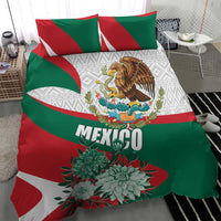 Mexico bedding set close view: green-red-white duvet with eagle emblem, MEXICO text, and layered floral print