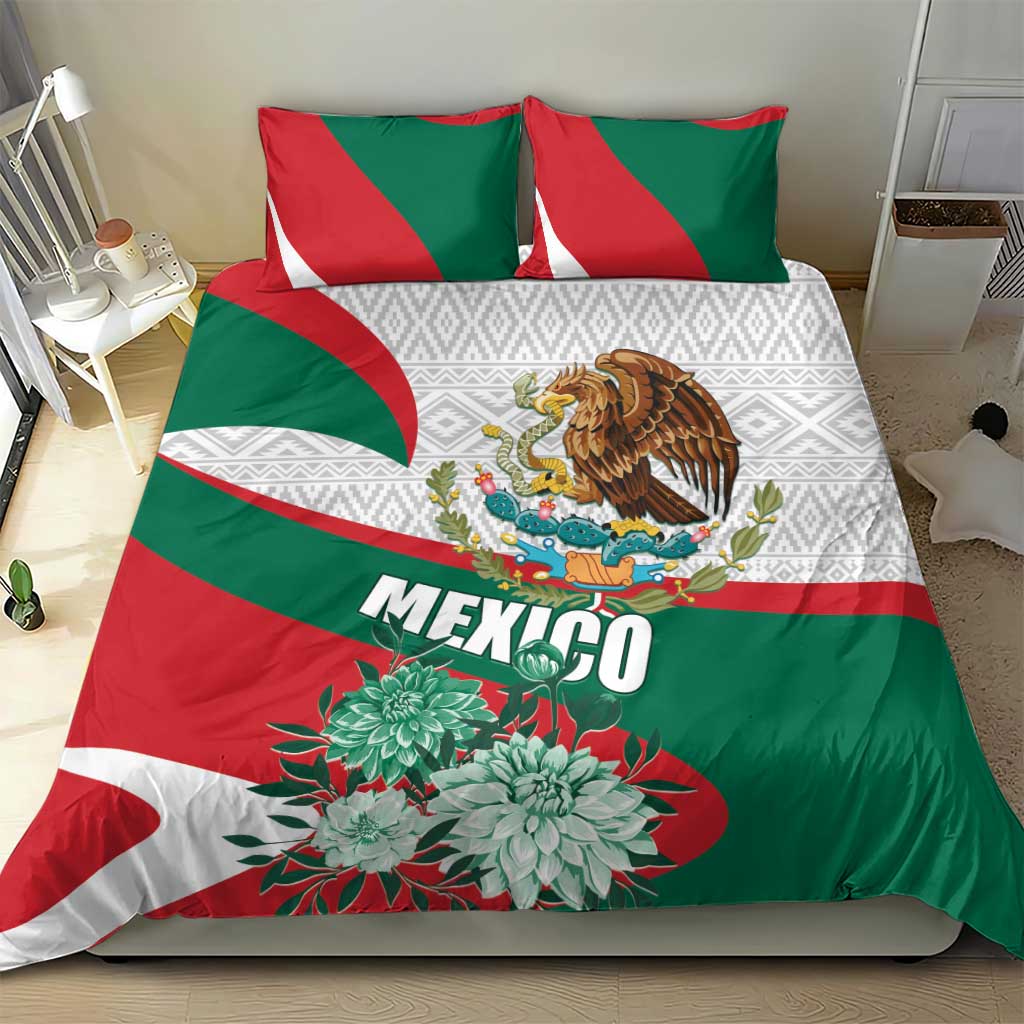 Mexico bedding set with green, red, and white duvet; eagle crest and large floral medallions; patterned border