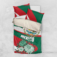 Mexico bedding set with white pillowcases and green-red-white duvet; eagle crest and floral accents