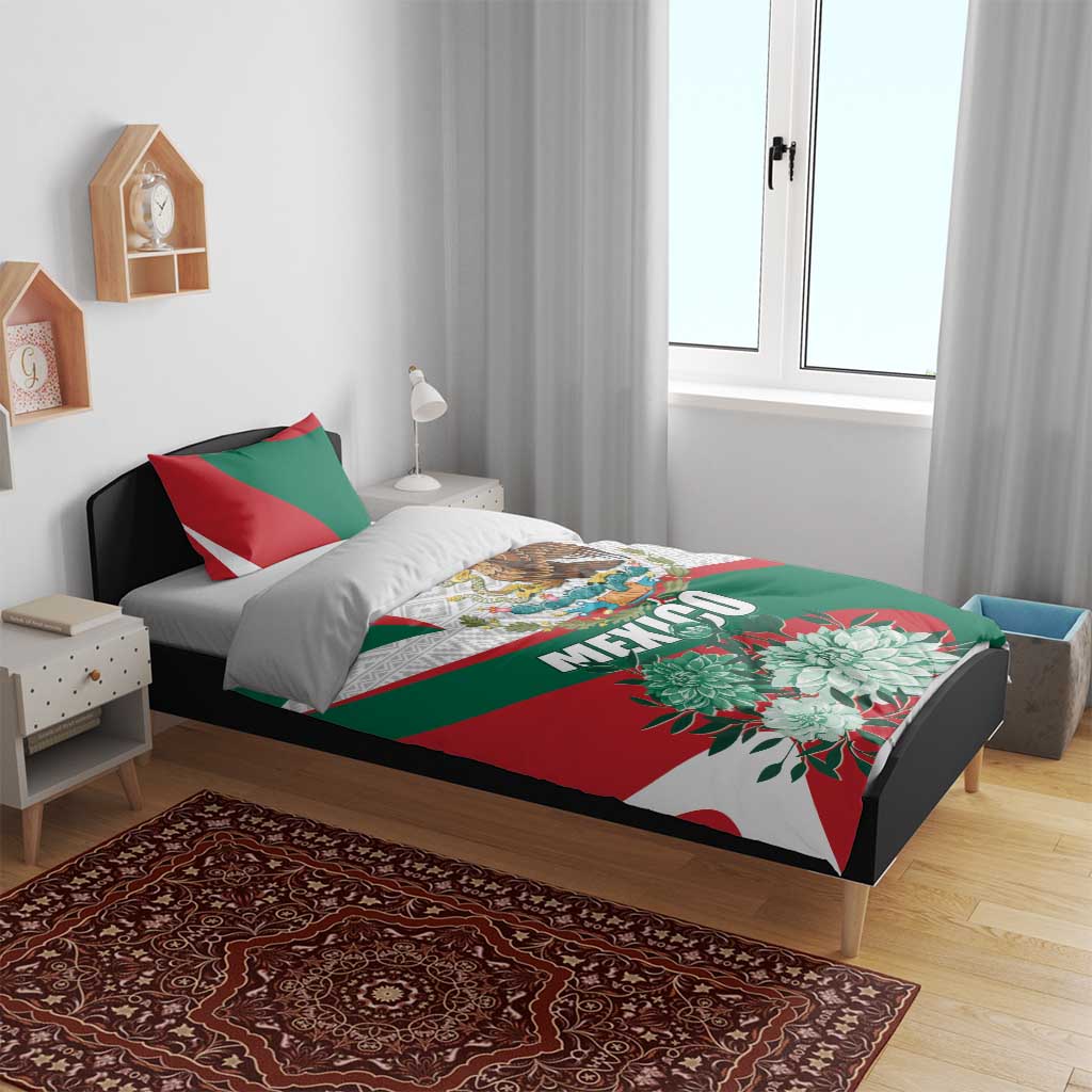 Mexico bedding set on bed: green, red, and white duvet with eagle crest and MEXICO text plus flowers