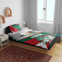 Mexico bedding set on bed: green, red, and white duvet with eagle crest and MEXICO text plus flowers