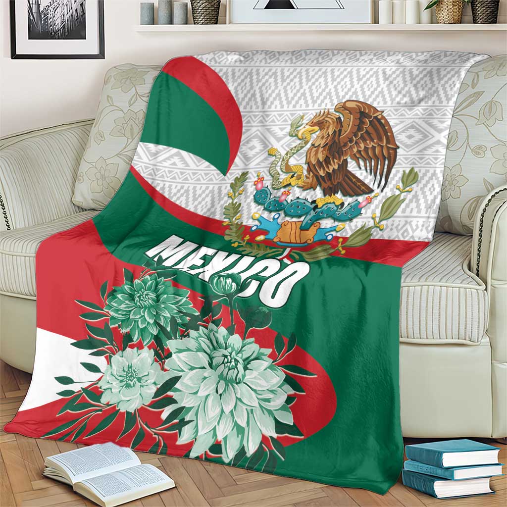 Mexico-themed blanket with green and red stripes, eagle crest, and oversized flowers