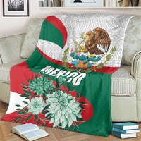 Mexico-themed blanket with green and red stripes, eagle crest, and oversized flowers