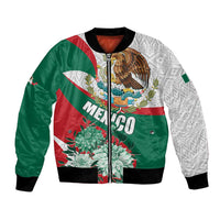 Unisex bomber jacket with Mexico flag panels, eagle and floral Aztec pattern, black rib cuffs