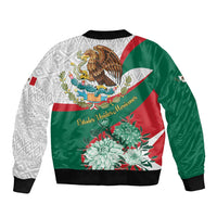 Unisex bomber jacket with Aztec pattern back, eagle and floral Mexico flag stripes, black rib cuffs