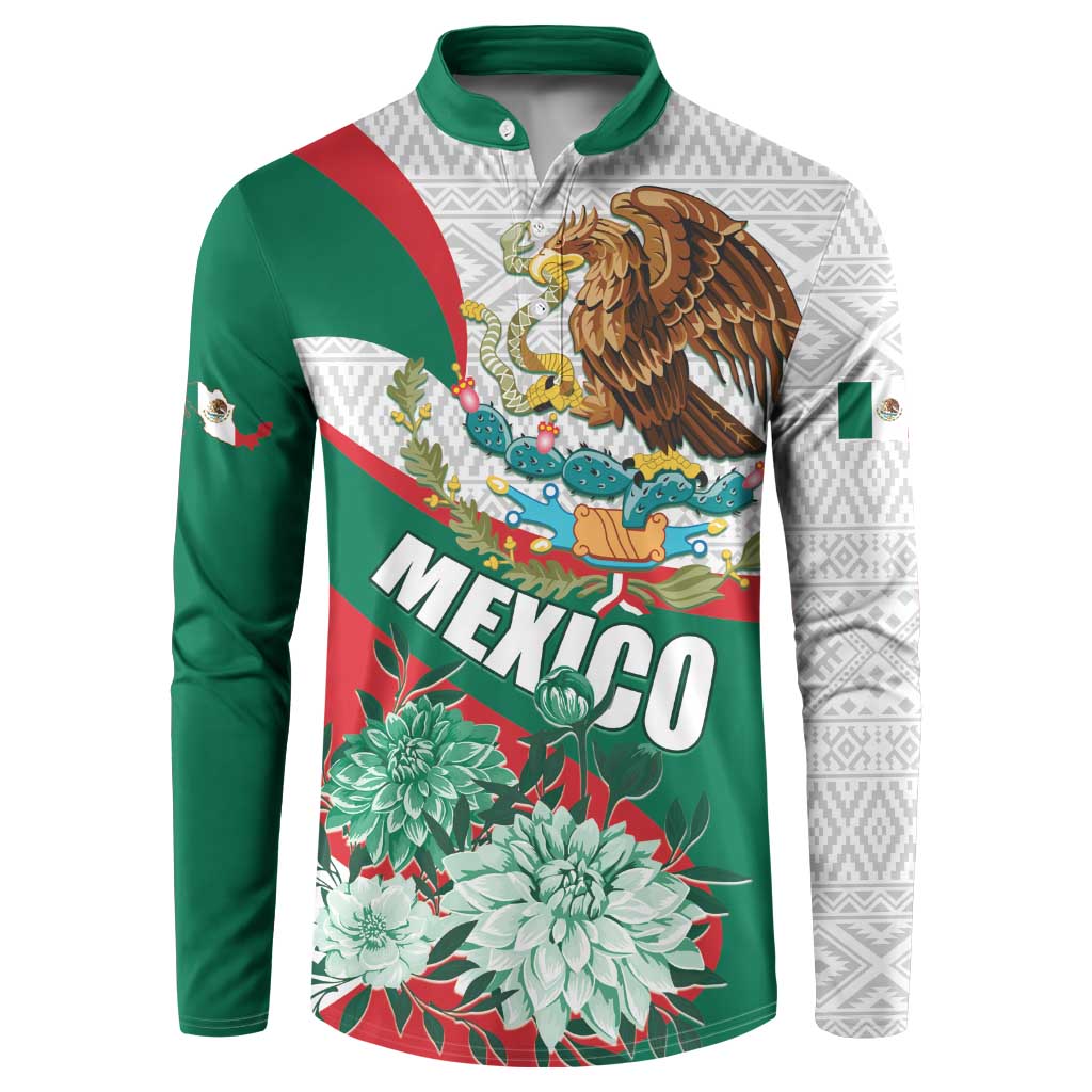 Men’s button henley sweatshirt with green sleeves and “Mexico” floral eagle graphic.