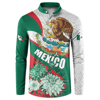 Men’s button henley sweatshirt with green sleeves and “Mexico” floral eagle graphic.