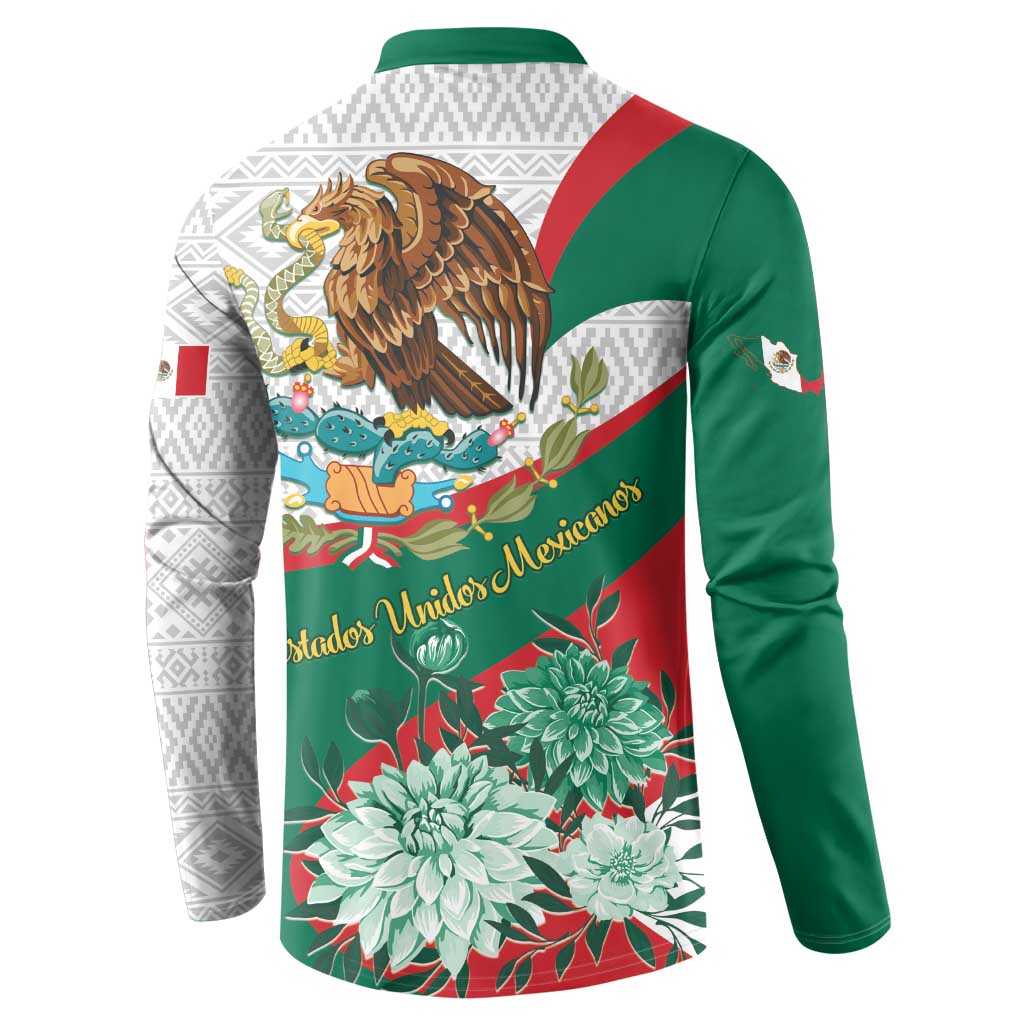 Men’s button henley sweatshirt back view with green sleeves, eagle, and floral “Mexicanos” text.