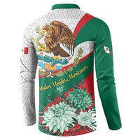 Men’s button henley sweatshirt back view with green sleeves, eagle, and floral “Mexicanos” text.