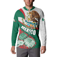 Men’s button henley sweatshirt front view with green body, “Mexico” lettering, and flower graphic.