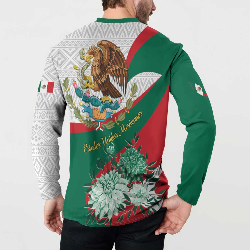Men’s button henley sweatshirt back view with eagle, “Estados Unidos Mexicanos” text, and flowers.