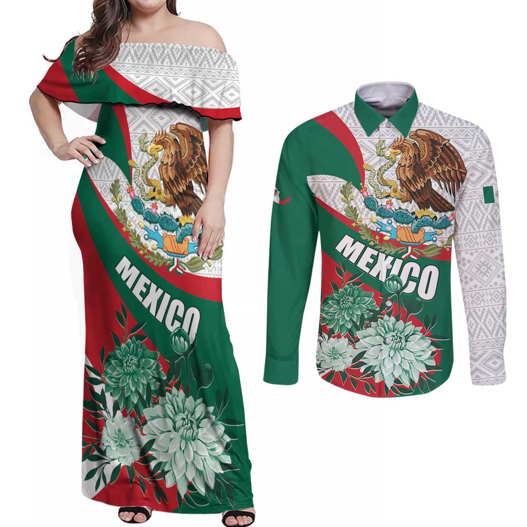 Mexico Independence Day Couples Matching Off Shoulder Maxi Dress and Long Sleeve Button Shirt Dahlia Flower Aztec Pattern