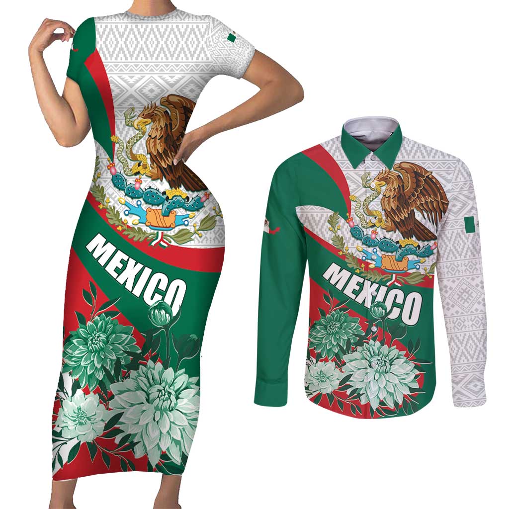 Mexico Independence Day Couples Matching Short Sleeve Bodycon Dress and Long Sleeve Button Shirt Dahlia Flower Aztec Pattern