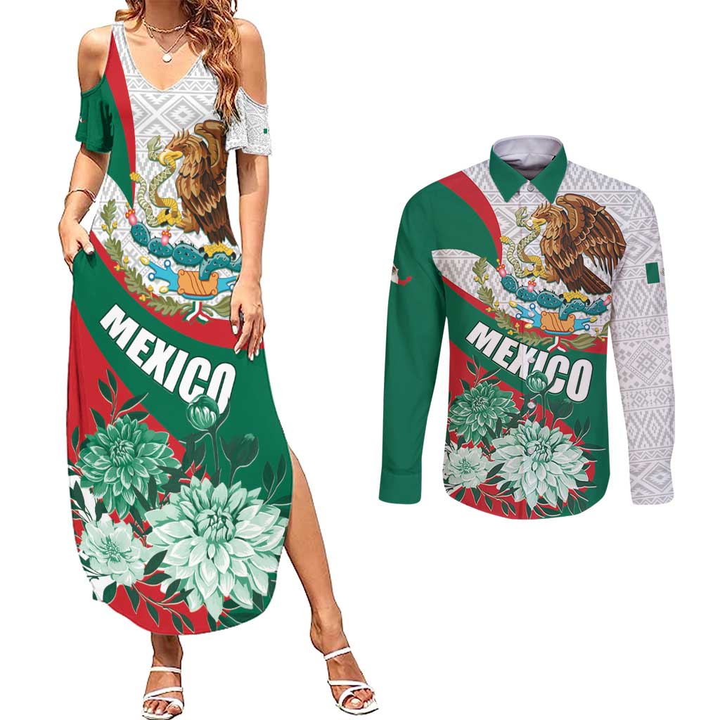 Mexico Independence Day Couples Matching Summer Maxi Dress and Long Sleeve Button Shirt Dahlia Flower Aztec Pattern