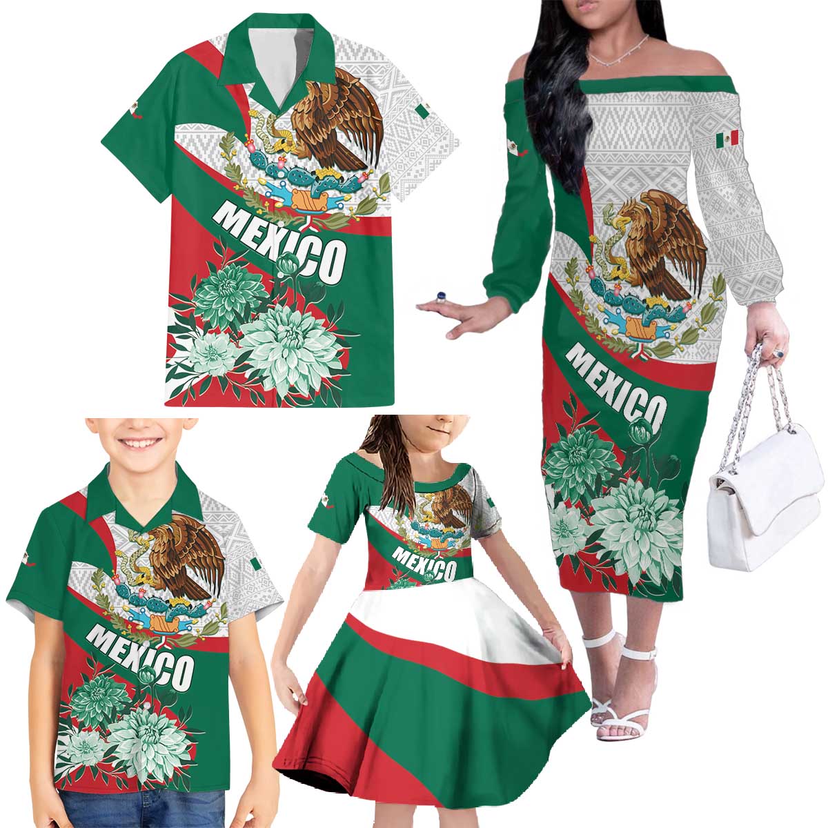 Mexico Independence Day Family Matching Off The Shoulder Long Sleeve Dress and Hawaiian Shirt Dahlia Flower Aztec Pattern