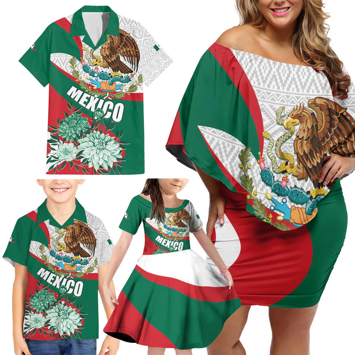 Mexico Independence Day Family Matching Off Shoulder Short Dress and Hawaiian Shirt Dahlia Flower Aztec Pattern