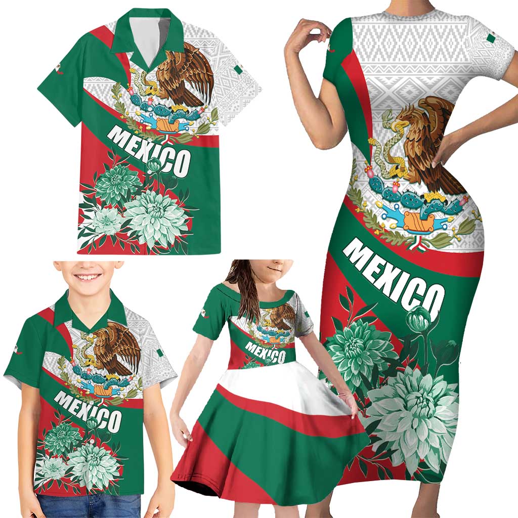 Mexico Independence Day Family Matching Short Sleeve Bodycon Dress and Hawaiian Shirt Dahlia Flower Aztec Pattern